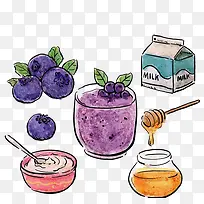 牛奶蜂蜜和蓝莓熊果苷平面手绘图