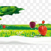 水彩画绿色草坪上的水果
