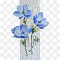 水彩手绘蓝色鲜花和窗框