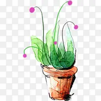 卡通手绘绿色清新紫色花朵花盆