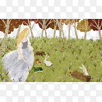 森林时的女孩和兔子