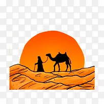 用骆驼剪影手绘沙漠