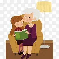 奶奶与小姑娘坐在沙发一起看书