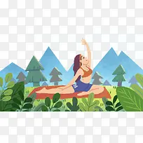 免抠卡通手绘草地上练瑜伽的女人