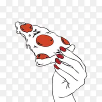 红指甲的手拿着披萨