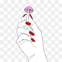 红指甲的手拿着小蘑菇