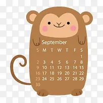 咖啡色猴子动物2018年9月日历