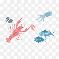 免抠卡通手绘红色皮皮虾蓝色的鱼