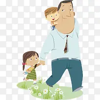 卡通人物插图爸爸与孩子走在路上