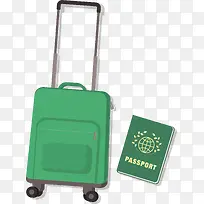 绿色拉杆箱护照旅游用品元素矢量