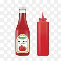 红色塑料瓶子和玻璃瓶子番茄酱包
