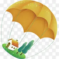 黄色卡通降落伞房子装饰图案