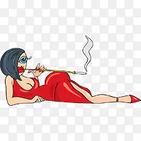 卡通红唇红裙躺着的性感抽烟的女