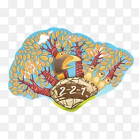 卡通鸵鸟黄鼠狼树叶