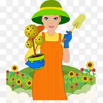 卡通种花的女性矢量图