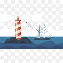 矢量海上灯塔与帆船