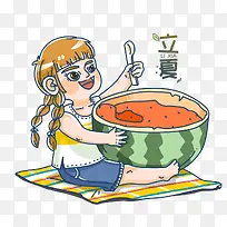 手绘可爱插图立夏节气女孩吃西瓜