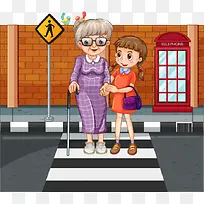扶着老奶奶过马路的小女孩