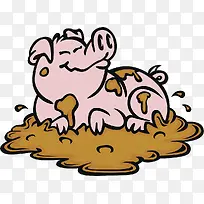 卡通插图可爱小猪趴在污泥里