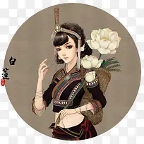 绘画荷花美女小背篓