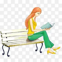 坐在长椅上看书的女孩