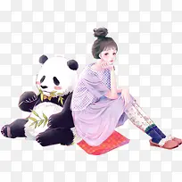 熊猫吃竹子卡通女孩