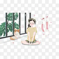 免抠卡通手绘坐在窗边的女孩