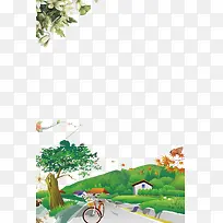 绿色清新卡通乡村旅游海报背景