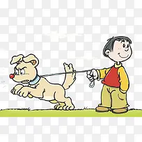 可爱卡通插图牵着狗的小孩