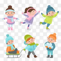 卡通男女小孩冬季滑雪素材