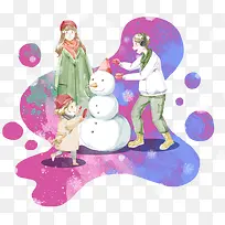 卡通手绘玩雪的一家人插画素材