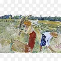 油画插图收麦子场景