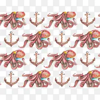 水彩绘章鱼和船锚无缝背景矢量图