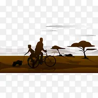 高清手绘绘画两父子日落骑单车场景