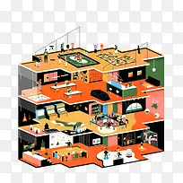 彩色办公区侧面图