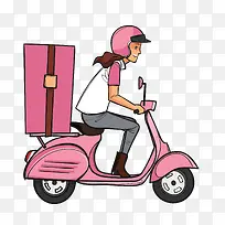 创意骑粉色电动车送货的女子矢量