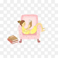 卡通躺在沙发上看书的小女孩素材