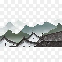 水墨中国画乡村城镇装饰插图