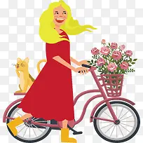 春天里推着自行车的女孩
