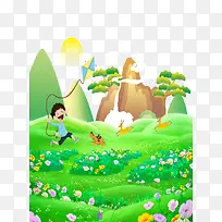 免抠绿色草地上放风筝的孩子