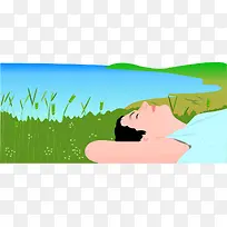 矢量插图躺在湖边草地上的人