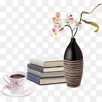 咖啡书本和花瓶摆件