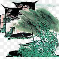 国画垂柳房子