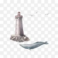 水彩灯塔与鲸