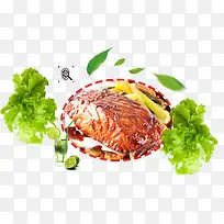 美食节特色烤鱼生菜平面装饰