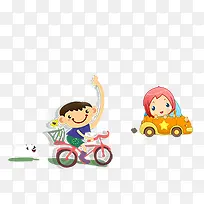 卡通小男孩小女孩骑车