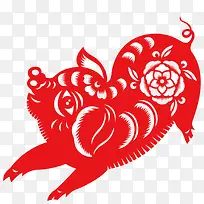 低着头的红色剪纸猪