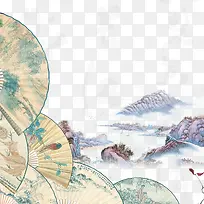 彩色中国扇子山水画