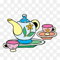 卡通彩色茶壶茶杯矢量