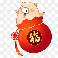 春节可爱小猪在福袋里开心的笑着